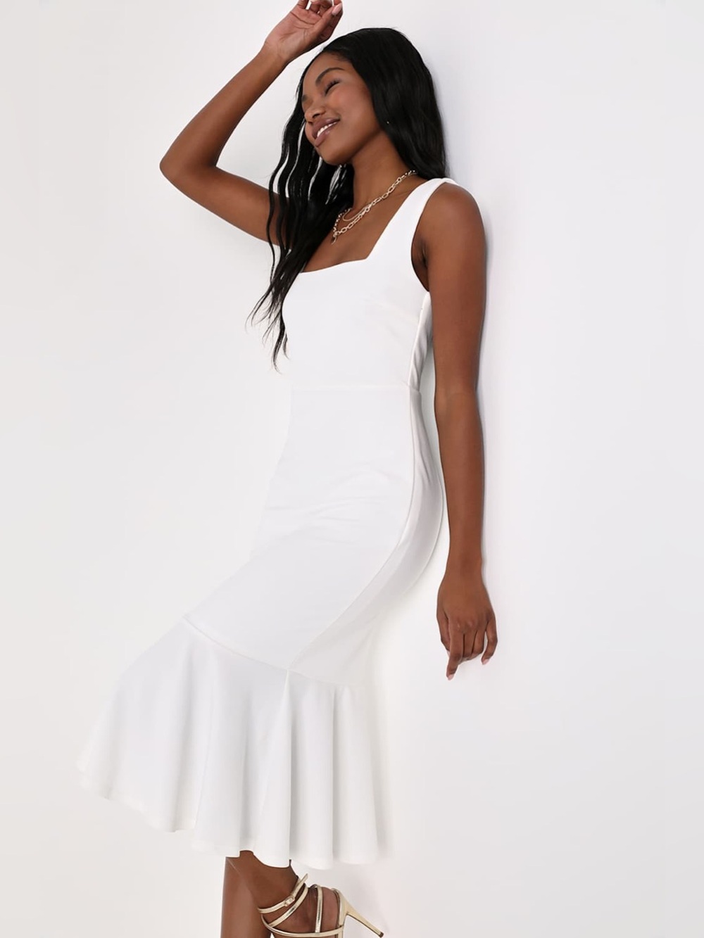 Lulus Moment Maker White Square Neck Trumpet Midi Dress‎ New medium - Picture 4 of 7